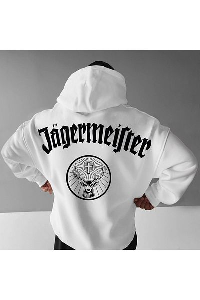 LEIVOR Men's White Jägermeister Printed Oversize Sweatshirt Hoodie