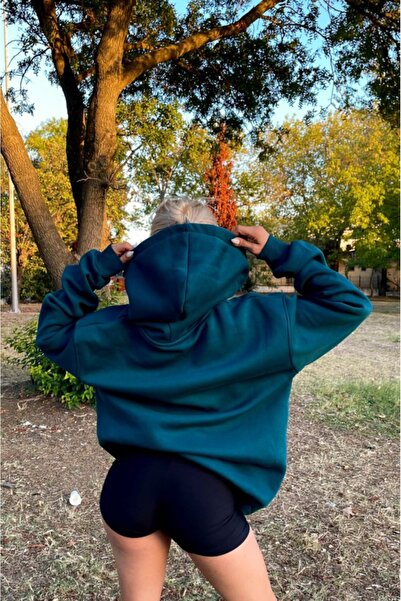 l'eivor Hanorac unisex verde petrol - glugă din lână, căptușită, semi-size, cu 3 fire, croială specială