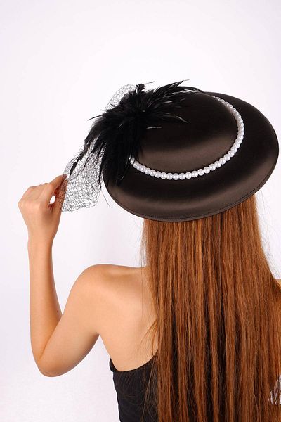 Hobigram Black Wedding Hat Vualet Deva with Pearls Tulle Bridal Accessory Hair Accessory