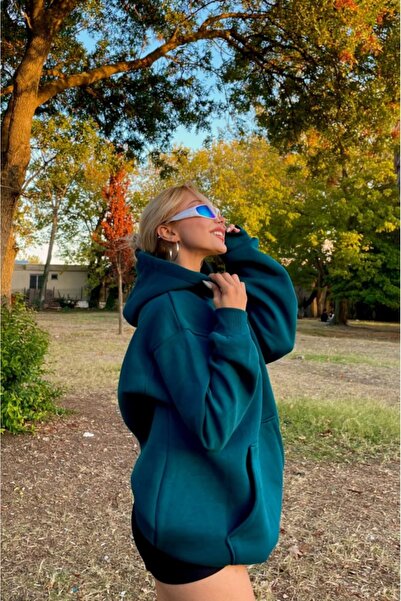 l'eivor Hanorac unisex verde petrol - glugă din lână, căptușită, semi-size, cu 3 fire, croială specială