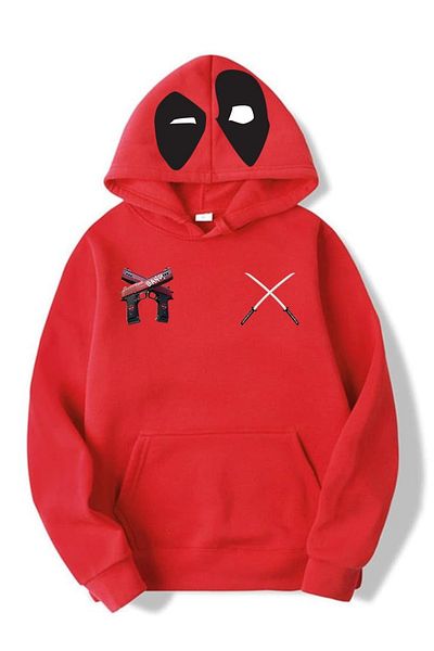 LEIVOR Deadpool Printed Red Cotton Hooded Sweatshirt