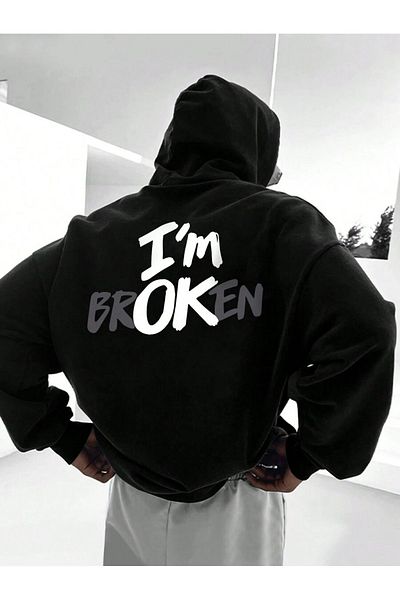 LEIVOR Ανδρικό φούτερ με κουκούλα BrOKen Printed Black - Τρεις κλωστές