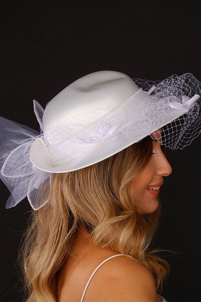 Hobigram Off White Wedding Hat Voilet Watch with Pearls Bridal Accessory Hair Accessory