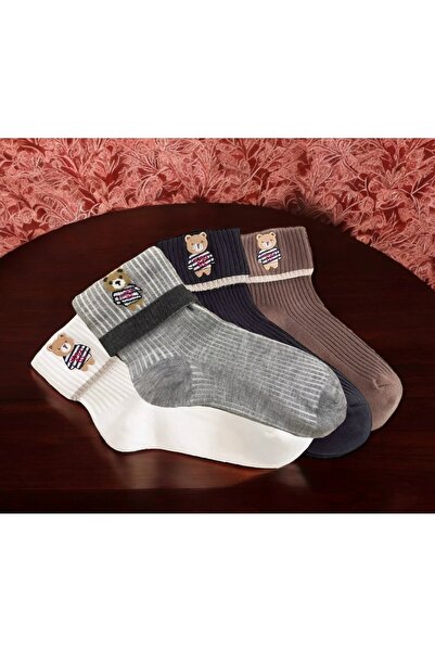 Çorabistaan 4 Çift Ayı Desenli Çok Renkli Teddy Bear Ayıcık Nakışlı Kadın Çor...