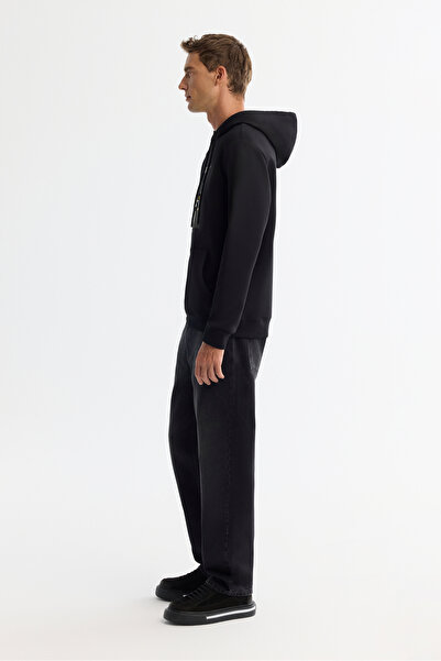 Avva Erkek Siyah Kapüşonlu Pamuklu Baskılı Elastan Regular Fit Sweatshirt A42Y1321