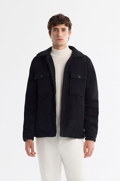 Avva Men's Black Classic Lapel Windproof Plush Coat with Thermometer A42Y6085