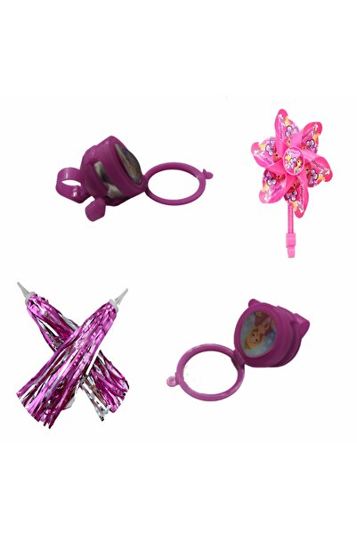 Cin Pembe Bisiklet Aksesuar Seti - Rüzgar Gülü, Elcik Süsü ve Aynalı Zil