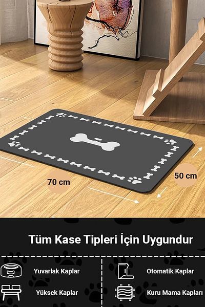 MatGo Gray Leather Bone Framed Feeding Mat - Waterproof, Non-Slip Cat Dog Food Mat 50X70Cm