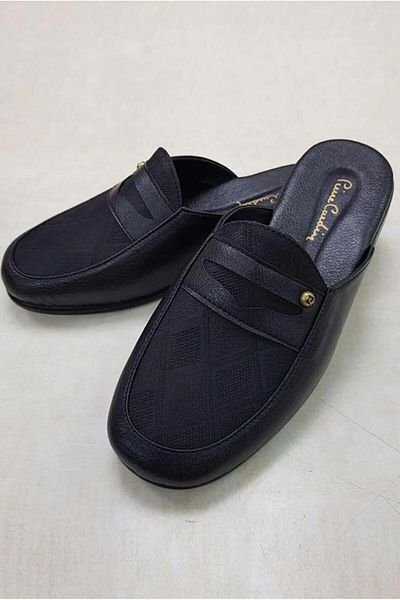 Pierre Cardin 288-3 Men's Black Plaid Leather Slippers
