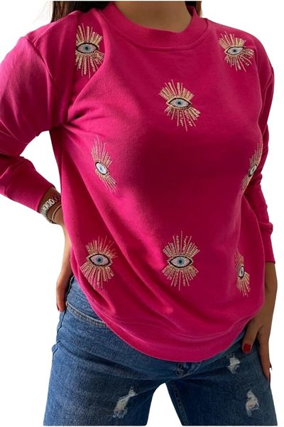 Cassime Women's New Season Fuchsia Eye Sequin and Embroidery 100% Cotton Oversize Sweatshirt