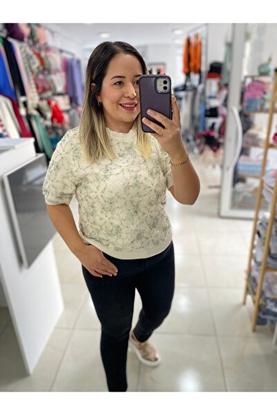 İNCİMOD Tül Çiçek Detaylı Tasarım Triko Bluz