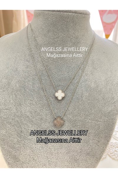 ANGELSS JEWELLERY قلادة مزدوجة من البرسيم موديل فضي أبيض (قلادة من البرسيم موديل فضي أبيض مكونة من قطعتين)