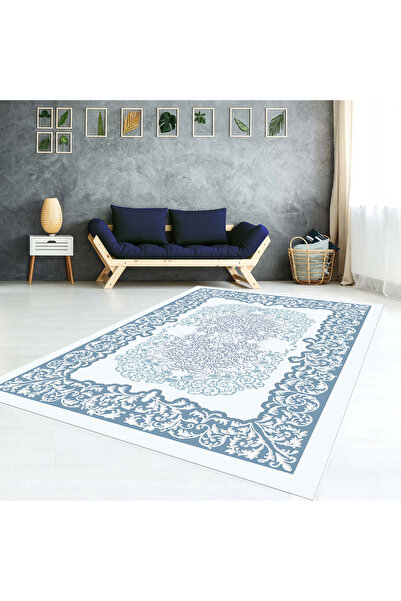 AACAP Mavi Serinlik Kadife Yıkanabilir Lastikli Halı Örtüsü