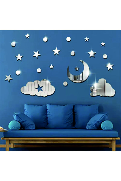 şamaksesuar 24'LÜ AY BULUT YILDIZ YUVARLAK GÜMÜŞ Ayna Pleksi Duvar Dekoratif ...