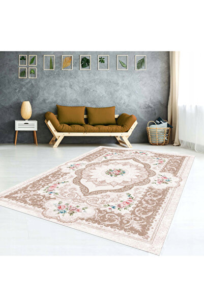 AACAP Klasik Bahar Çiçek Göbekli Kadife  Lastikli Halı Örtüsü