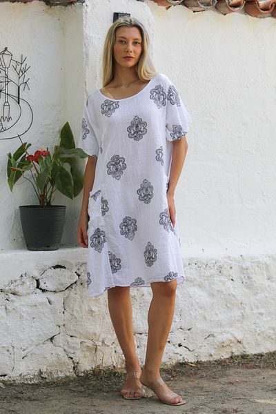 Chiccy Rochie de plajă din amestec de in, cu mânecă scurtă, cu mânecă scurtă, cu buzunare, cu imprimeu peste tot