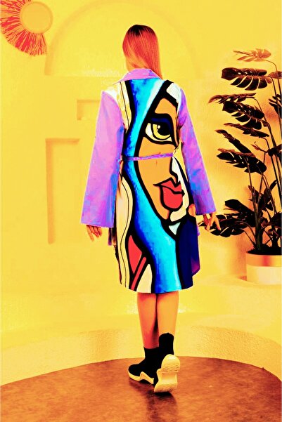 DHDmoda Lila Renk Arkası Resimli Beli Kemerli Trench Ceket