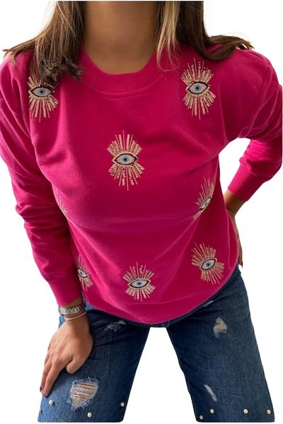 Cassime Women's New Season Fuchsia Eye Sequin and Embroidery 100% Cotton Oversize Sweatshirt