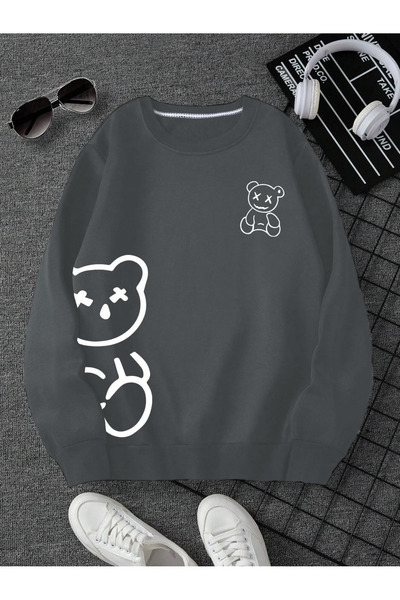 StartMore - Ayıcık Baskılı Üç İplik Kalın Bisiklet Yaka Unisex Oversize Sweatshirt Gri