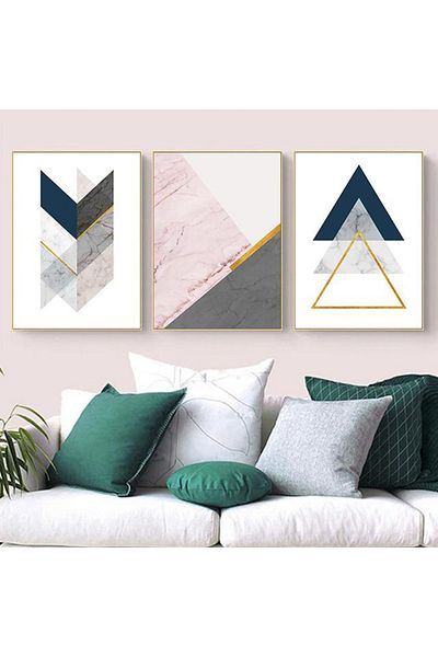 Linacci Set de 3 cadru metalic auriu, geometric, gri, albastru, sticlă