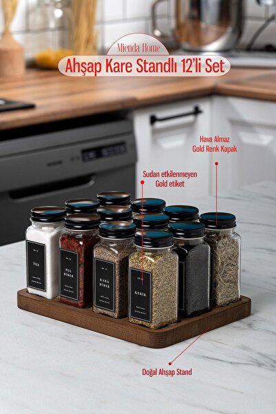 Mienda Home Mienda Home 12'li Ahşap Standlı Cam Baharatlık Seti Siyah Kapaklı...