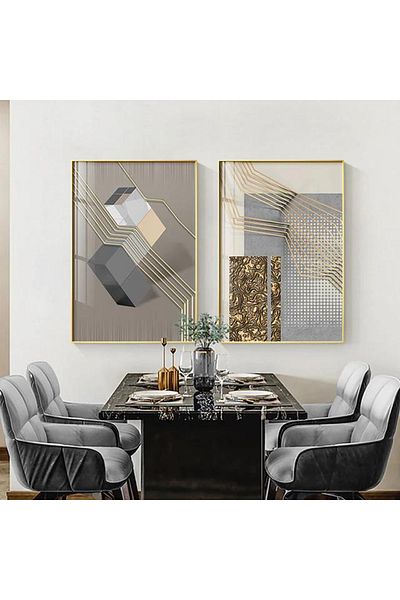 Linacci Set de picturi din sticlă cu poster geometric gri cu cadru dublu din metal auriu