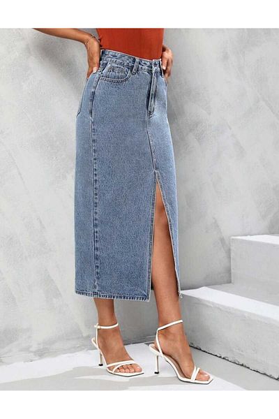 pass&pass 2100-Skirt Women's Lycra Front Slit Jeans Jeans Denim Long Skirt