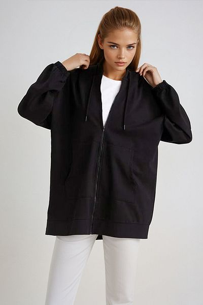 VAGGON Women's Black Hooded Double Pocket Zippered Oversize Sweatshirt Prmx667-001