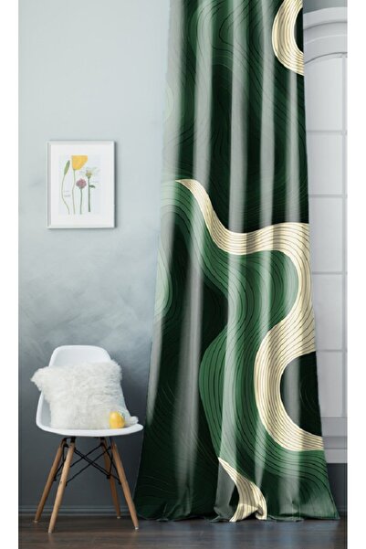 GREENDECOR Ψηφιακή κουρτίνα με τύπωμα φόντων με σχέδιο κυμάτων (ΜΟΝΟ ΦΟΡΑ) Πολύχρωμη μοντέρνα σχεδίαση πράσινη σμαραγδένια κουρτίνα μπεζ