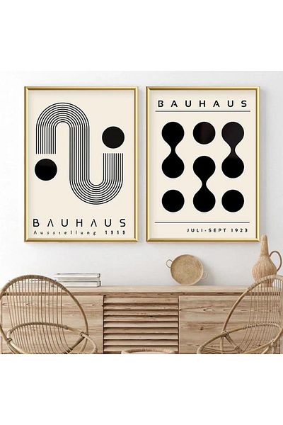 Linacci Set de 2 picturi din sticlă Bauhaus cu cadru metalic auriu