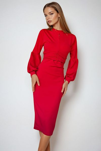 VAGGON Women's Red Waist Draped Stand Collar Balloon Sleeve Dress Prmx10936