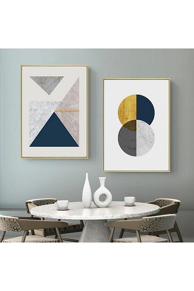 Linacci Set de masă din sticlă cu model geometric albastru cu cadru dublu din metal auriu