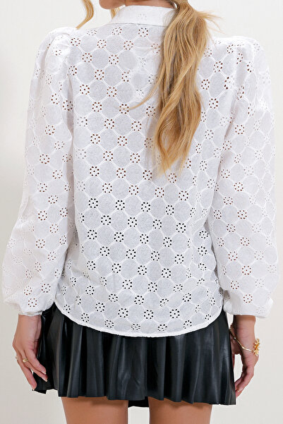 VAGGON Cămașă premium țesătă cu guipură albă pentru femei Vgn-X4366