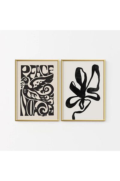 Linacci Set de picturi din sticlă alb-negru Peace cu cadru dublu din metal auriu