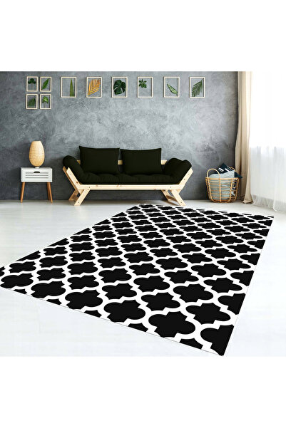 AACAP Siyah Beyaz Kontrast  Kadife Yıkanabilir Lastikli Halı Örtüsü