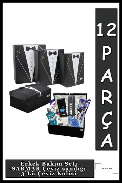 Arko Men Damat Çeyiz Sandık Bohça Seti + Erkek Bakım seti + 3'lü Mukavva Dama...