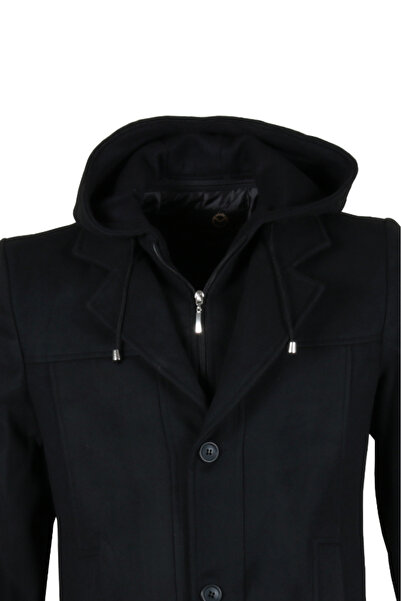 Modarar Men's Hooded Regular Fit Black Stamp Coat Rar01268