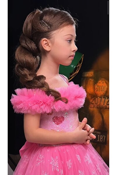 ABİYEKİDS Elsa Pembe Simli Kuyruklu Tarz  Parti Elbise Çocuk Abiye Elbisesi ABY184