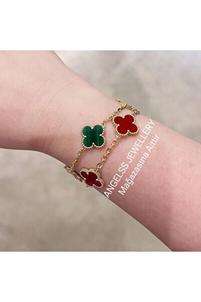 ANGELSS JEWELLERY سوار مزدوج من Van Cleef باللون العنابي والأخضر والذهبي - موديل البرسيم (مجموعة من قطعتين)