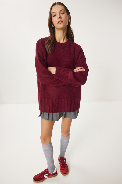 Lovelyİstanbul Yumuşak Dokulu Oversize Triko Kazak BORDO LPF0063