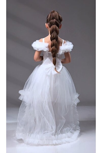 ABİYEKİDS Λευκό παιδικό βραδινό φόρεμα με γκλίτερ παγιέτες - Sweep Train, Wedding Party, ABY170