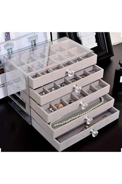 mirakuş 5-Tier Luxury Velvet Lined Jewelry Organizer with Drawers (Grey)
