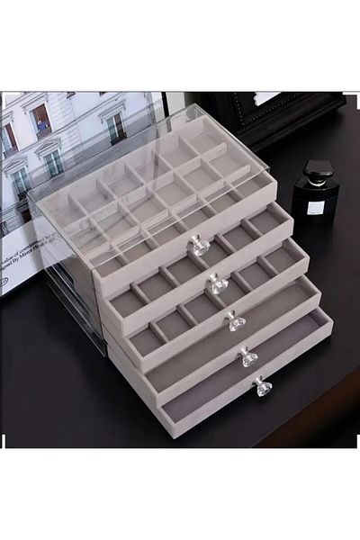 mirakuş 5-Tier Luxury Velvet Lined Jewelry Organizer with Drawers (Grey)