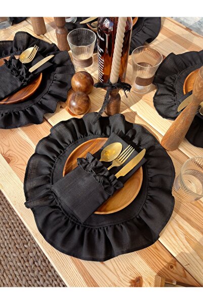 KaiHome 6LI Siyah Keten Kumaş Yuvarlak Fırfır Detaylı Amerikan Servis / Supla