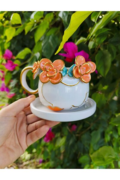 KOTYORA Turuncu Kokoş Kız El Yapımı Hediyelik Seramik Duble Kahve Fincanı