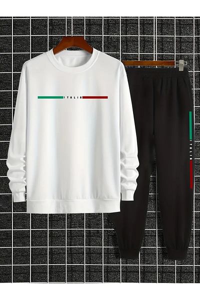 puolikuu Striped Italy Printed Tracksuit Set Sweatshirt Jogger - Oversize Raised Cycling Neck