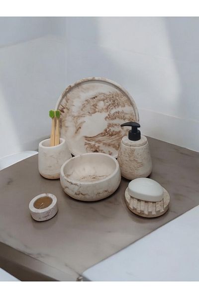 Trust Stone Σετ μπάνιου 6 τεμαχίων με μαρμάρινο σχέδιο μπεζ σκυρόδεμα, σετ αξεσουάρ οδοντόβουρτσας διανομέα υγρού σαπουνιού