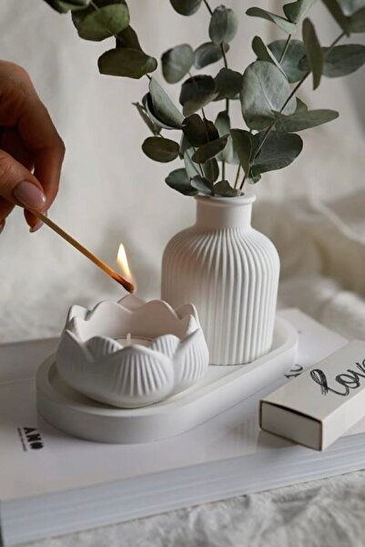 Mandalin Art Studio طقم مزهرية مزخرفة وطبق وحامل شموع لوتس مكون من 3 قطع