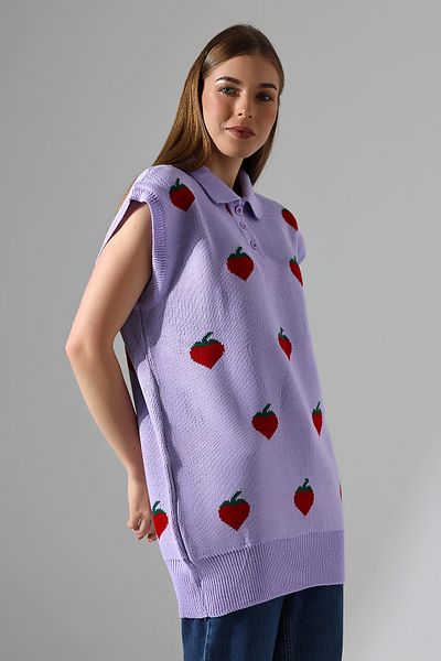 amcacom Strawberry Patterned Buttoned Long Sweater