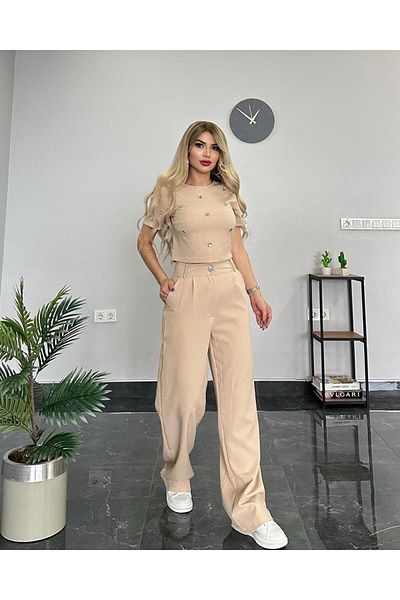 decision fashion Imported Woven Fabric Pants Suit Special Stone Detail